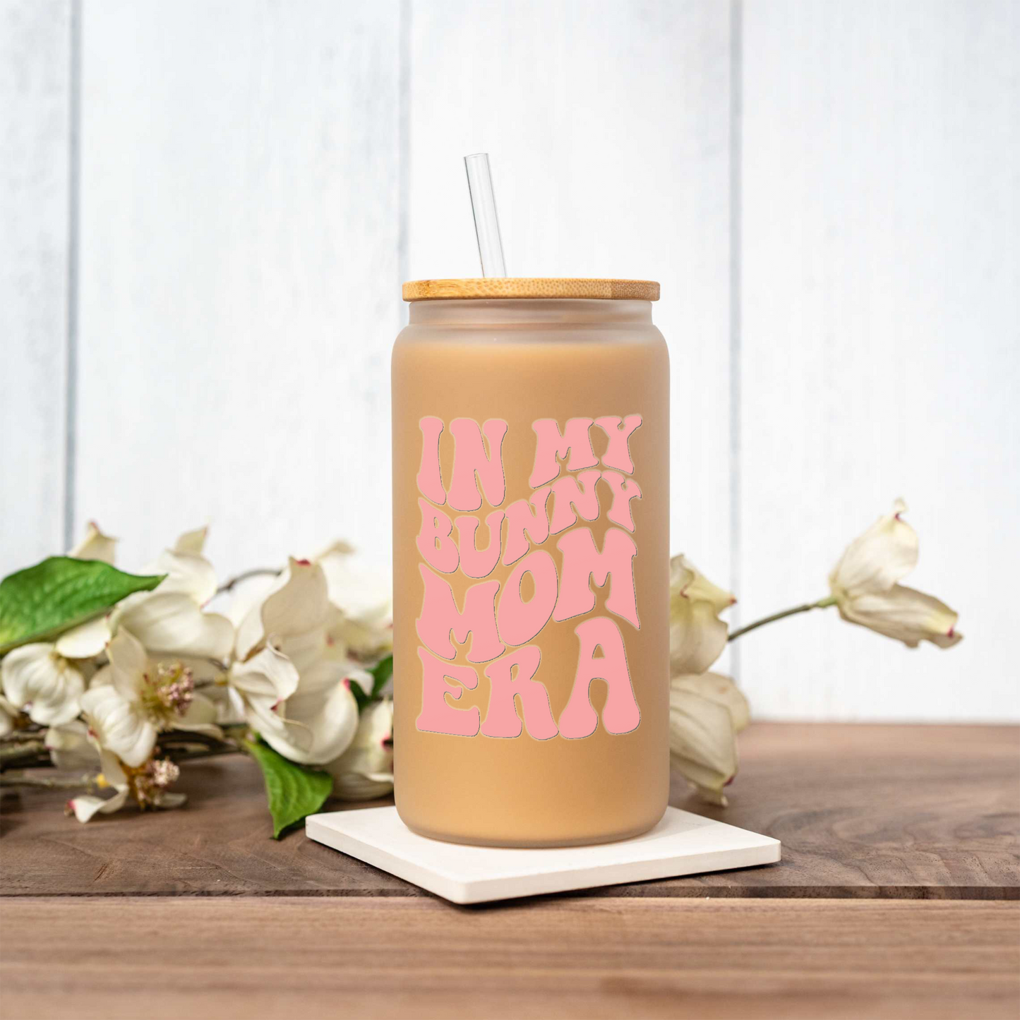 Bunny Mom Iced Coffee Cup with Bamboo Lid & Straw