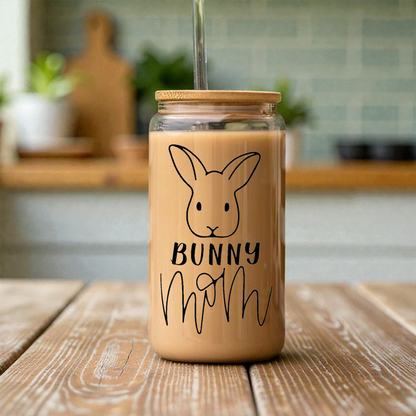 Bunny Mom Iced Coffee Cup with Bamboo Lid & Straw