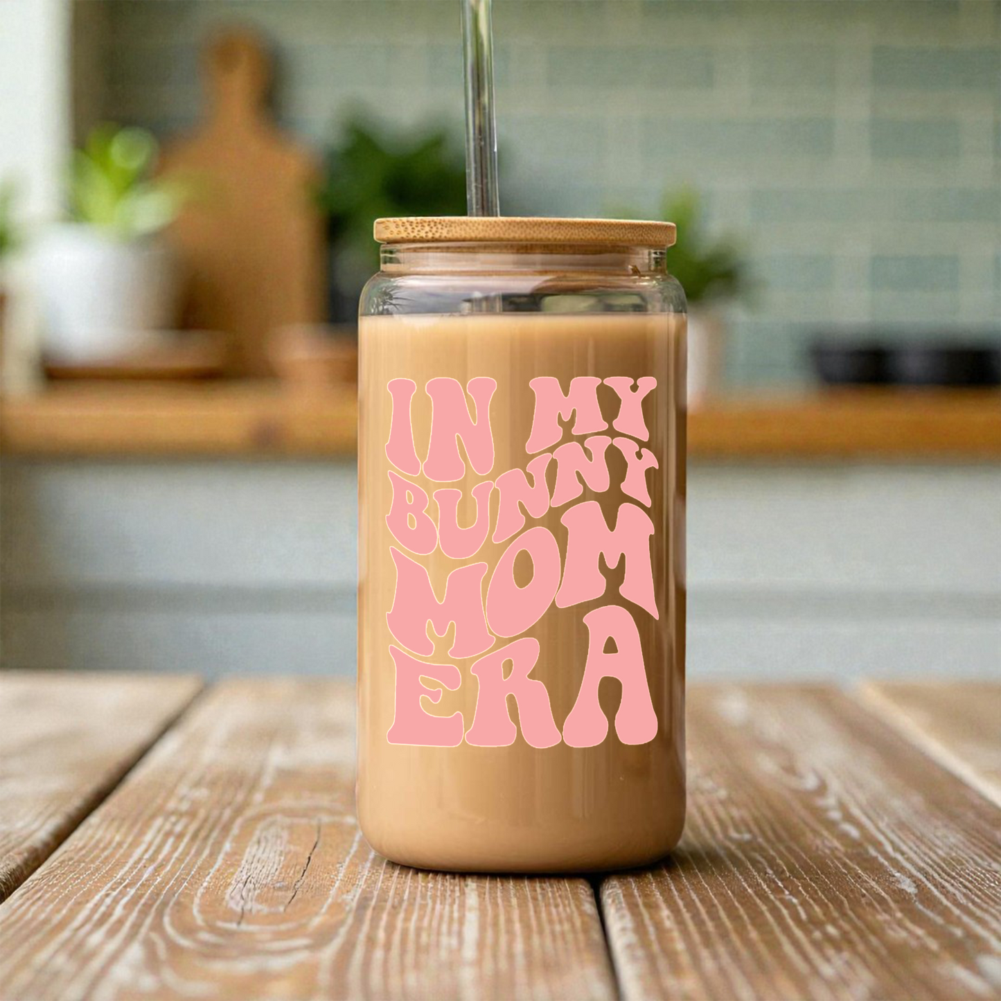 Bunny Mom Iced Coffee Cup with Bamboo Lid & Straw