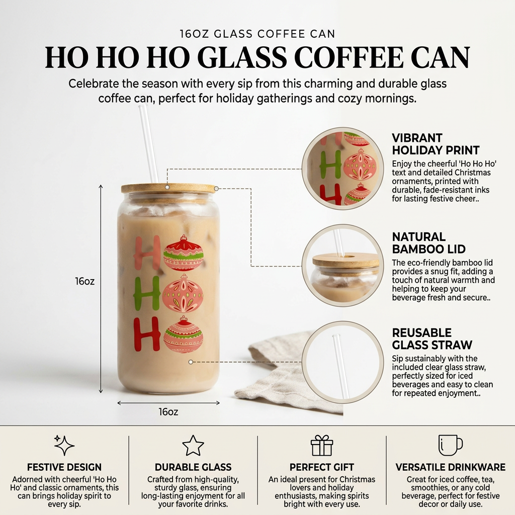 Ho Ho Ho - 16oz Glass Coffee Can - Festive Christmas Decor - Perfect Holiday Gift
